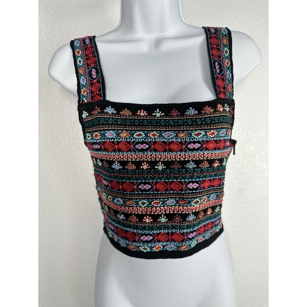 Zara Knit Sz Small Beaded Multi-Colored Crop Top Embroidered Boho Aztec Summer